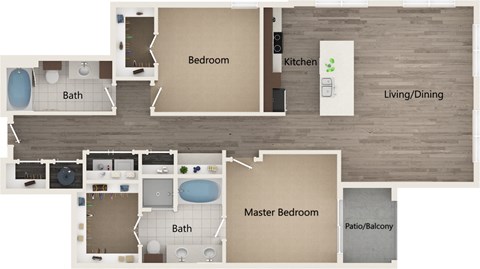 Floor plan for 2 beds, 2 baths, 1336 sqft